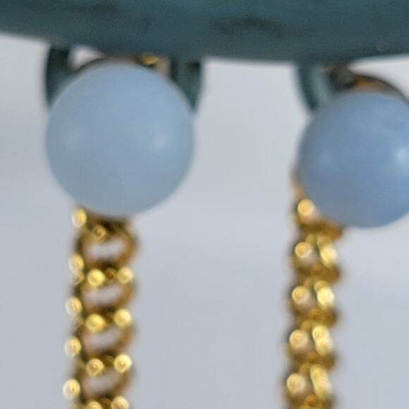 Gold Chain & Pastel Blue Drop Earrings, Modern Design Stylish Statement Earrings - Picture 5 of 10